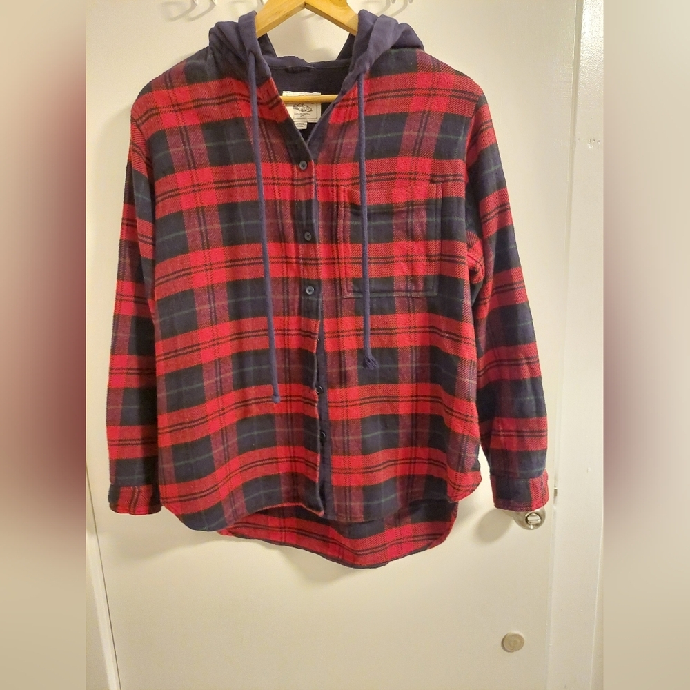 American Eagle Outfitters Red and Blue Plaid Hooded Shirt